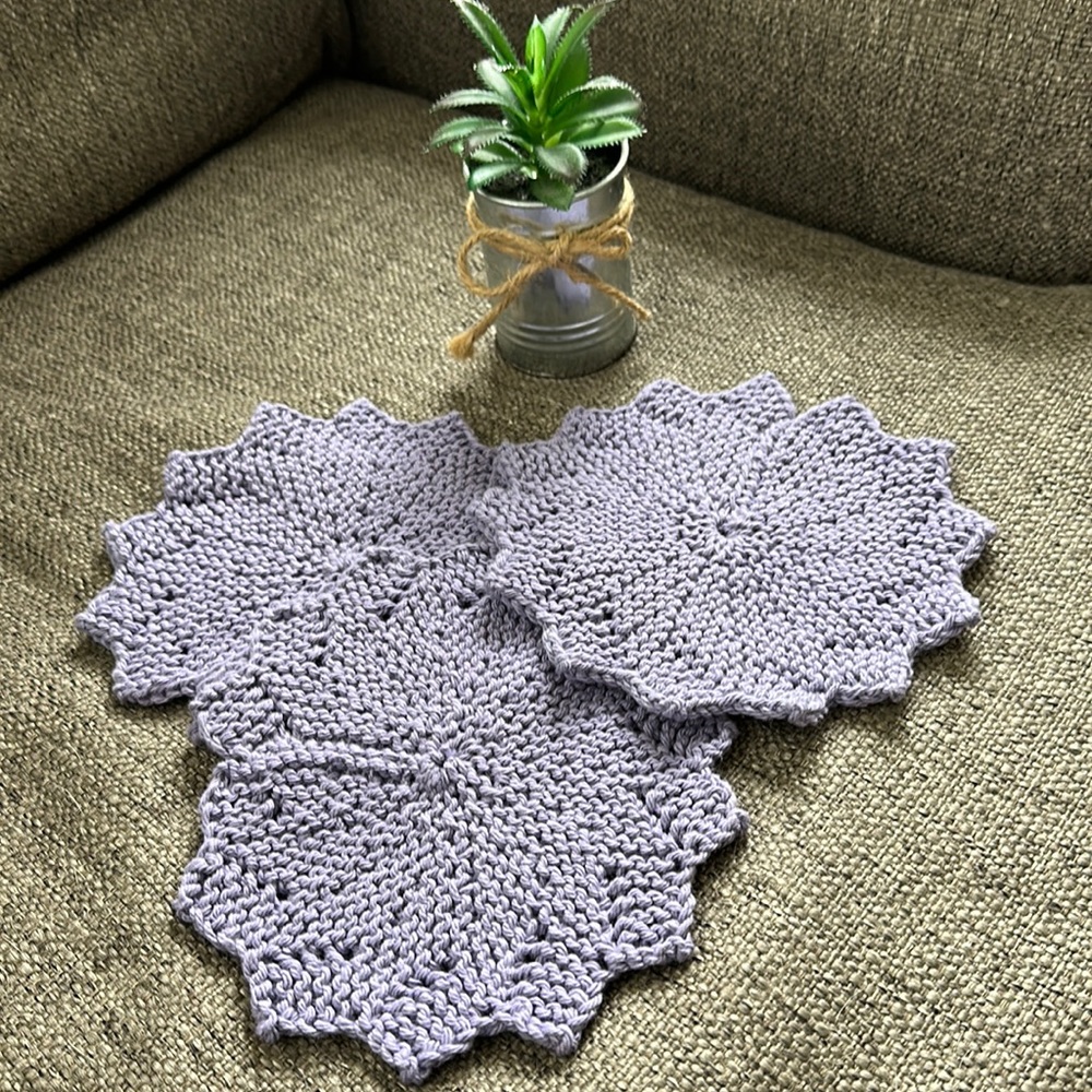 Handmade 100% Cotton Hand Knitted Dishcloth Washcloth Spa Cloth Lavender Set/3